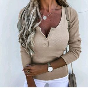 Womens Button V neck long sleeve T-Shirt